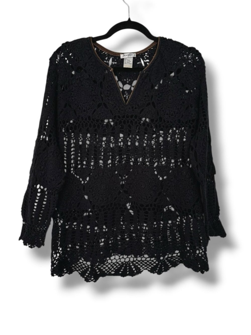 Airport 2000s Y2K Crochet Open Knit Sheer Black Cotton Ramie Sweater Top Lg